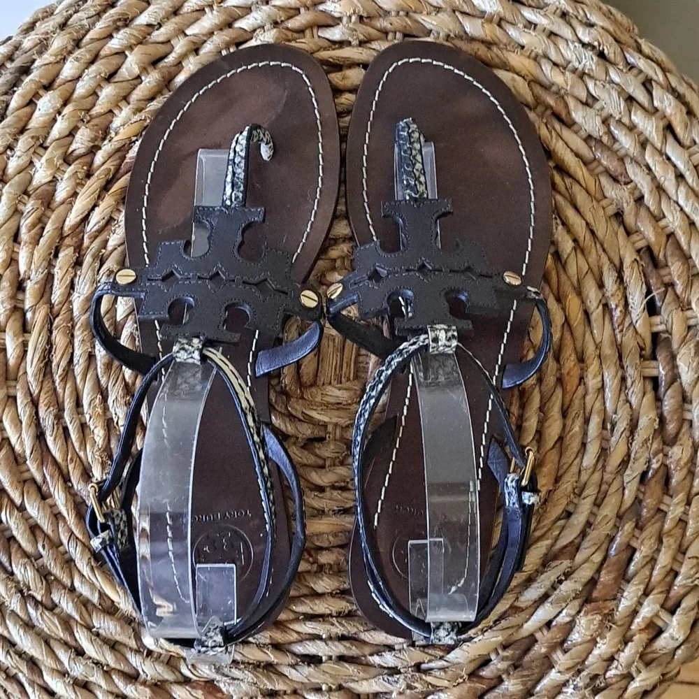 Tory Burch Womens Chandler Snakeskin‎ Print Leather Slingback Flat Sandals S-7.5